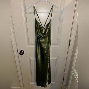 Olive Green Cowl Neckline Satin Midi Dress